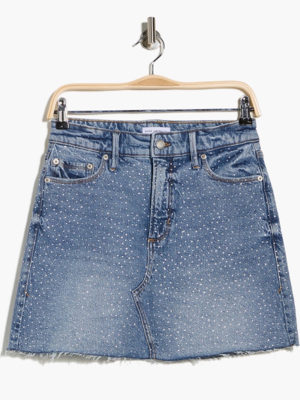 Good American Blue Denim Mini Skirt with Rhinestone Detail
